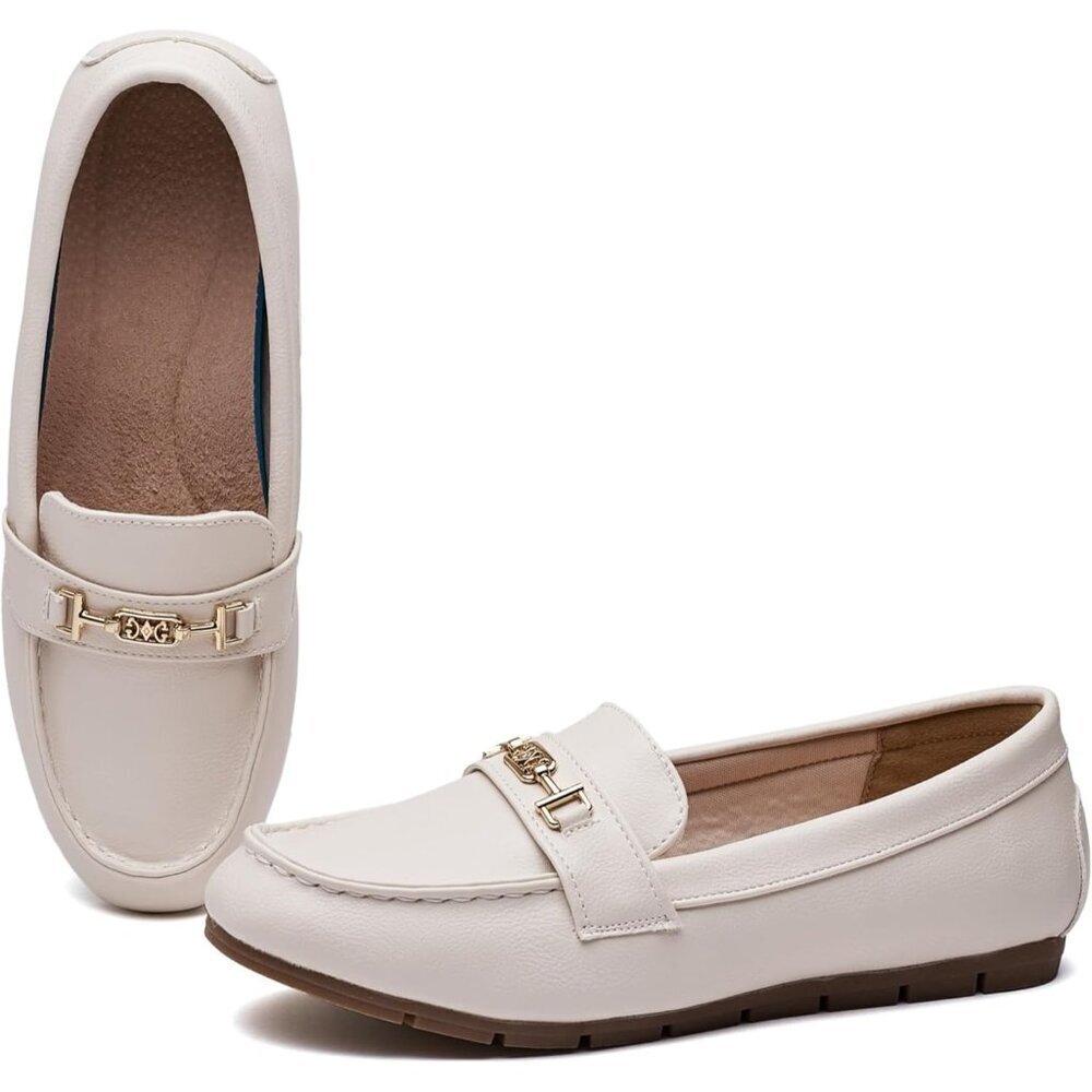 Women’s White Leather Polyurethane Comfortable Casual Slip On Loafer Flat Shoes